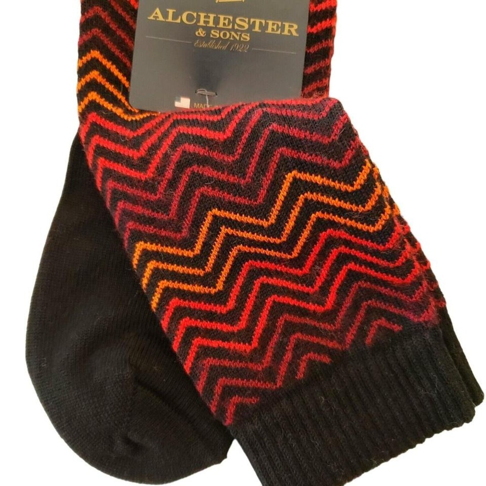 Red Black Merino Wool Crew Socks Mens Large Dress Alchester Herringbone NEW